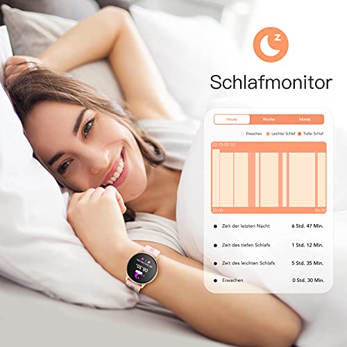 Smartwatch, AGPTEK 1,3 Zoll runde Armbanduhr mit personalisiertem Bildschirm, Musiksteuerung, Herzfrequenz, Schrittzähler, Kalorien, usw. IP68 Wasserdicht Fitness Tracker für iOS und Android, Rosa - 3