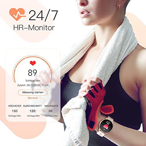 Smartwatch, AGPTEK 1,3 Zoll runde Armbanduhr mit personalisiertem Bildschirm, Musiksteuerung, Herzfrequenz, Schrittzähler, Kalorien, usw. IP68 Wasserdicht Fitness Tracker für iOS und Android, Rosa - 4