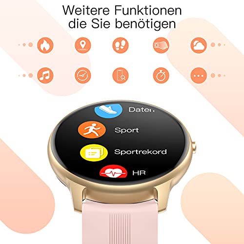 Smartwatch, AGPTEK 1,3 Zoll runde Armbanduhr mit personalisiertem Bildschirm, Musiksteuerung, Herzfrequenz, Schrittzähler, Kalorien, usw. IP68 Wasserdicht Fitness Tracker für iOS und Android, Rosa - 6